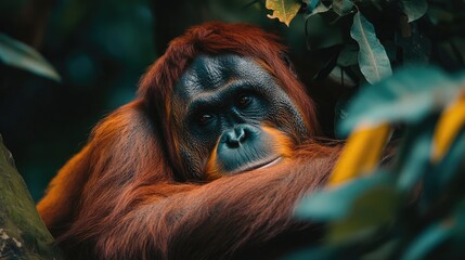 Obraz premium Orangutan resting in lush tropical foliage showcasing the beauty of wildlife and the importance of conservation efforts in nature.