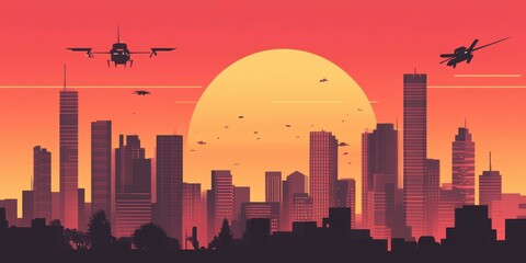 Fototapeta premium Futuristic Cityscape Sunset Drones Flying Above Buildings
