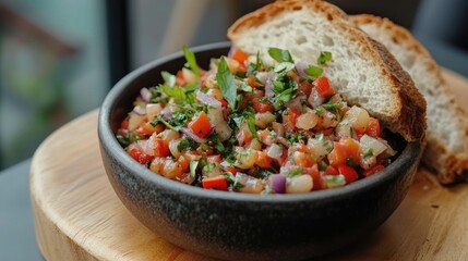 Vibrant vegetable sandwich spread with roasted red peppers and herbs served on crusty sourdough bread for a healthy vegan snack