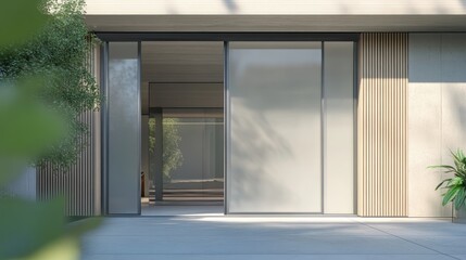 Sliding house gate with frosted acrylic panels and a soft grey steel frame, ideal for a chic urban residence