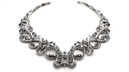 Elegant silver necklace with intricate design and sparkling details on a white background for fashion and jewelry presentations.