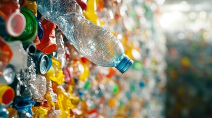 Close-up of recycled plastic bottles and containers in colorful recycling facility