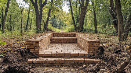 Brick Pathway Restoration in Historical Park Surrounded by Lush Greenery and Trees