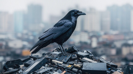 A striking black crow perched atop a pile of debris, overlooking a sprawling urban landscape of high-rise buildings, showcasing the contrast between nature and the modern city environment.