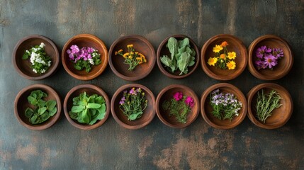 Herbal medicine selection featuring colorful flowers and herbs in wooden bowls on a textured background for holistic wellness and naturopathy.