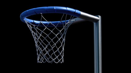 Netball hoop with blue padding and nylon mesh netting on a metal pole isolated on a black background for sports and fitness imagery