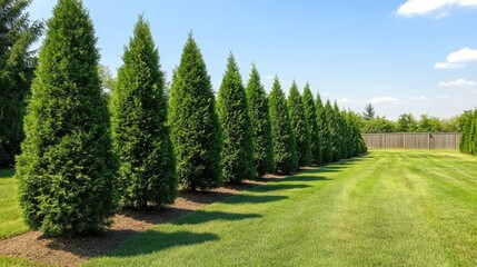 Neatly trimmed coniferous trees lining a manicured path in a vibrant green landscape showcasing gardening and landscaping aesthetics