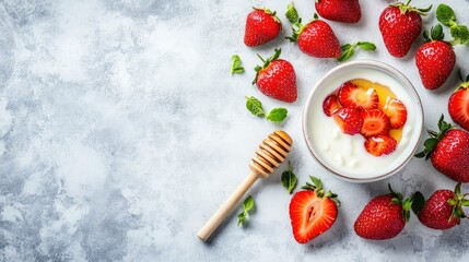 Fresh yogurt with strawberries and honey as a healthy dessert snack featuring organic berries for clean eating and fitness lifestyle.