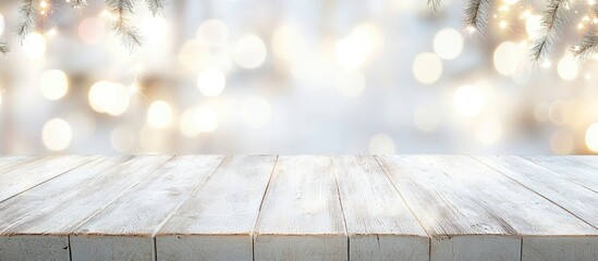 Rustic wooden tabletop with shimmering bokeh lights in a soft blurred background ideal for product presentation and creative photography projects