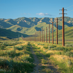 Obraz premium Power lines receding along dirt road through grassy valley toward distant mountains