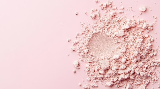 Neutral toned lipstick powder scattered on a soft pink background with ample free copy space for product promotion or branding use.