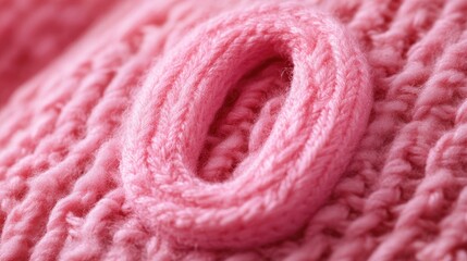 Closeup of a pink knitted letter O on a textured wool pattern showcasing vibrant typography design and intricate yarn details.