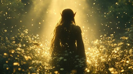 Obraz premium Young elf practicing invisibility magic, partially transparent in forest setting
