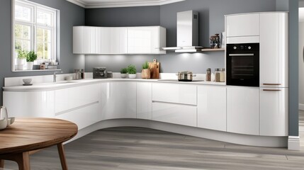 Fototapeta premium Modern kitchen design with sleek white cabinetry and appliances.