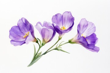 Naklejka premium A watercolor illustration featuring three violet freesia flowers, each in full bloom, delicately painted on a white background.