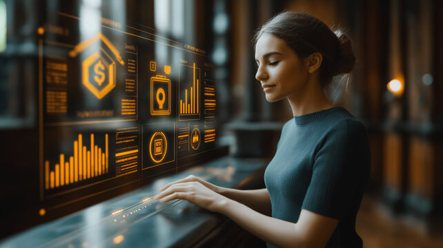 Data Analyst at Work: A focused young woman analyzes data on a futuristic holographic interface, showcasing modern technology and data analysis in a professional setting.