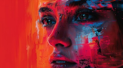 Abstract Glitch Art Portrait Woman Face Red and Blue Hues 8K Ultra HD