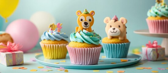 Colorful jungle animal cupcakes for a child's birthday celebration with festive table setting and entertaining decor elements