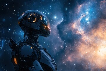 Robotic Figure Gazes Into the Vast Expanse of a Colorful Galaxy Filled With Stars and Cosmic Clouds
