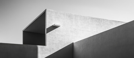Contemporary office building architecture creating a striking house-shaped shadow against a bright sky in monochrome tones