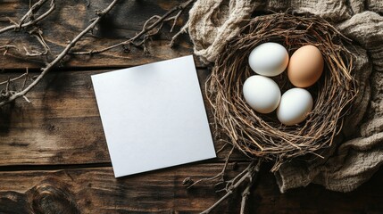 Nest with three eggs surrounded by natural materials and a blank greeting card ready for personalization on a rustic wooden background