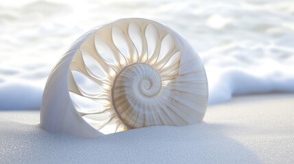 Obraz premium Nautilus shell resting on white sand beach with soft focus waves creating a serene coastal atmosphere in a shallow depth of field.