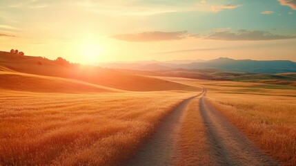 Fototapeta premium Scenic Railway Through Summer Meadow at Sunset with Lense Flare Effect Highlighting Natural Beauty and Tranquility