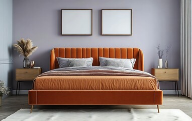 Modern bedroom interior design, orange bed, purple walls, calm atmosphere, home decor.