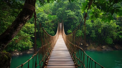 Obraz premium Suspended wooden bridge over tranquil water surrounded by lush green forest in a serene nature trek adventure setting