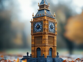 Fototapeta premium A detailed model of a clock tower amidst a blurred autumn background.