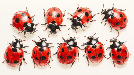 vibrant watercolor painting of playful ladybugs in various poses