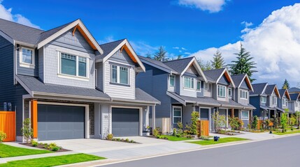 Modern multi-family homes in suburban setting with blue skies ideal for real estate marketing and property listings showcasing idyllic living.