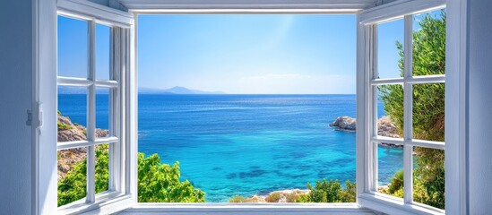 Summer sea view from an open window with clear blue skies and tranquil waters creating a serene and peaceful atmosphere.