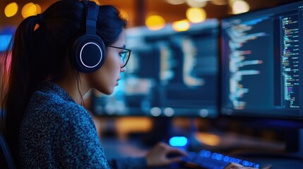 Linguistics expert analyzing complex data with advanced coding software in a neural processing center at night