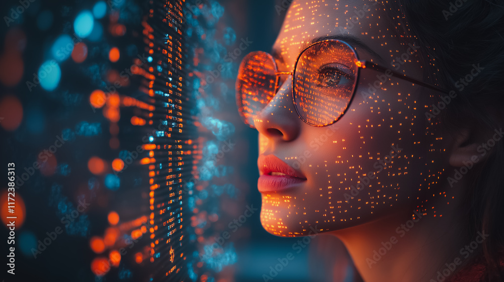 Poster digital visionary: a woman wearing glasses gazes intently at a screen filled with glowing digital da