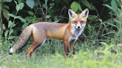 Fototapeta premium Wild fox in natural habitat showcasing vibrant fur and attentive posture amidst lush greenery in serene outdoor setting.