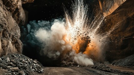 Controlled explosion in coal mine releasing dust and smoke showcasing advanced technology for enhanced safety in mining operations