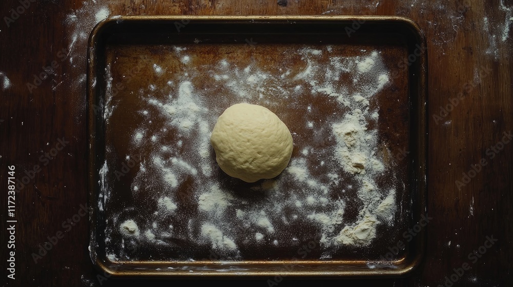 Poster overhead view of freshly kneaded dough on a flour-dusted baking sheet ready for baking in a rustic k