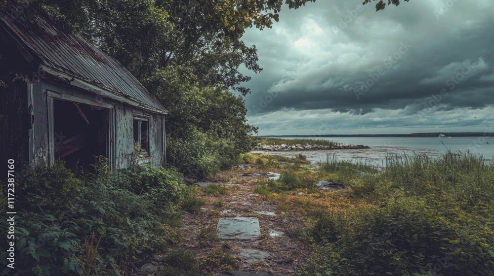 Poster abandoned shoreline with overgrown vegetation and stormy skies creating a moody atmosphere by the wa