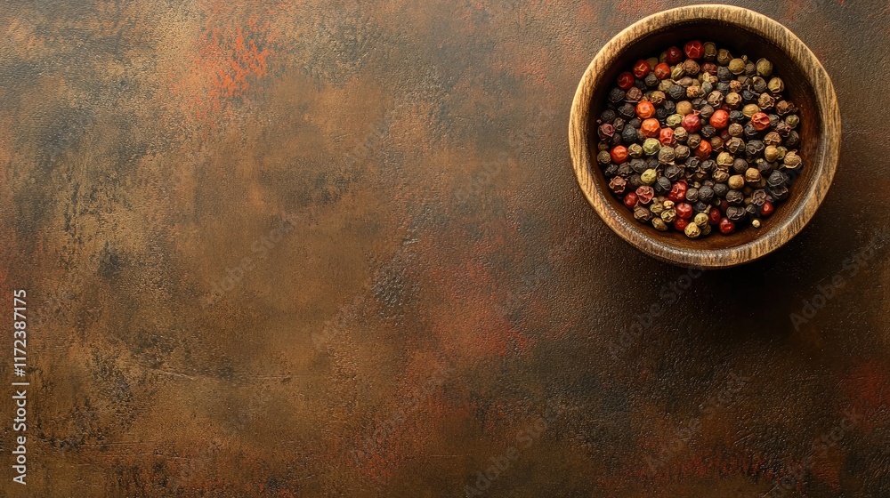 Poster overhead shot of assorted spices in a wooden bowl on a textured brown background for culinary or foo