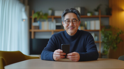 Intellectual 60-Year-Old Man Using Smartphone in a Refined Interior