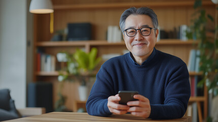 Intellectual 60-Year-Old Man Using Smartphone in a Refined Interior