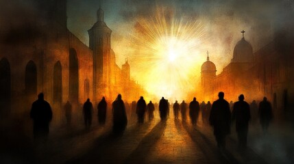 Fototapeta premium Mysterious Silhouettes Against a Fiery Sunset in Urban Landscape