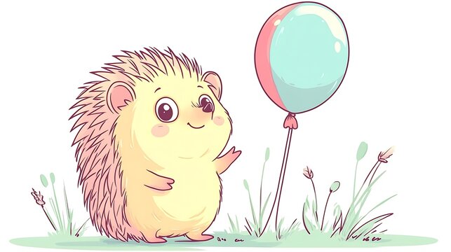 A fluffy hedgehog with big sparkling eyes clutching a pastel balloon, soft pastel hues, clean white backdrop, minimalist hand-drawn style, kawaii-inspired, hd quality. --ar 16:9 --sref https://s.mj.