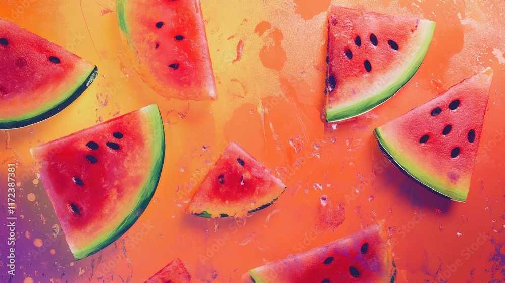 Poster colorful overhead view of refreshing watermelon slices scattered on a vibrant gradient background pe
