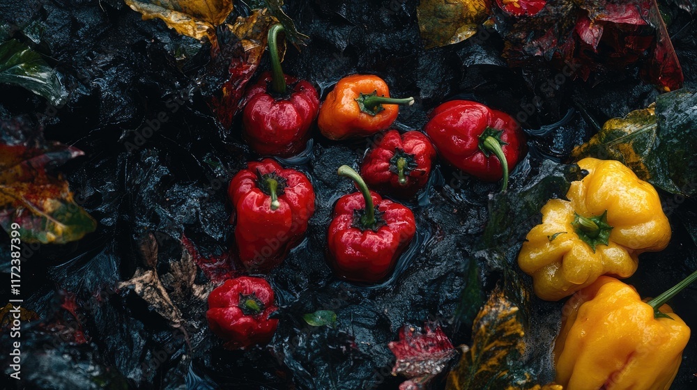 Poster Overhead view of various colorful peppers surrounded by dark, moist leaves creating a vibrant and rich botanical composition