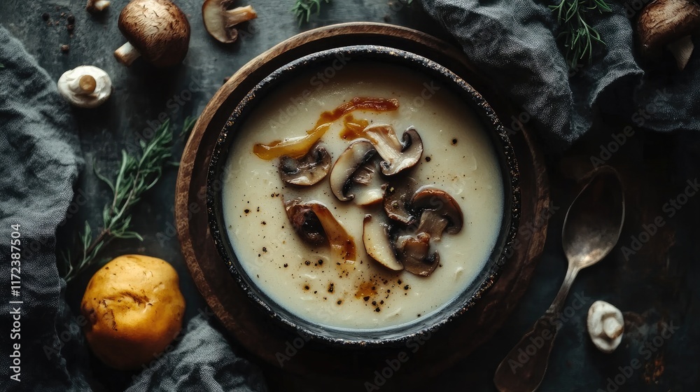 Poster overhead view of creamy noodle soup garnished with mushrooms and herbs on a rustic wooden table for 