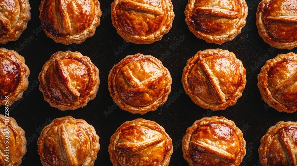 Poster Overhead view of freshly baked mini apple pies arranged in a neat pattern on a dark baking sheet