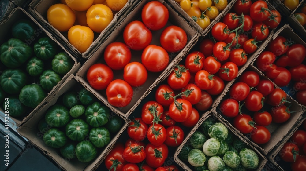 Poster Overhead view showcasing a colorful assortment of fresh tomatoes in various shapes and sizes arranged in cardboard boxes