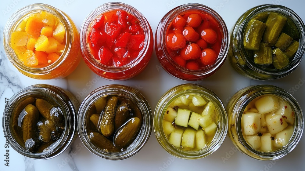 Poster overhead view of assorted pickled vegetables in jars arranged on a light surface showcasing vibrant 